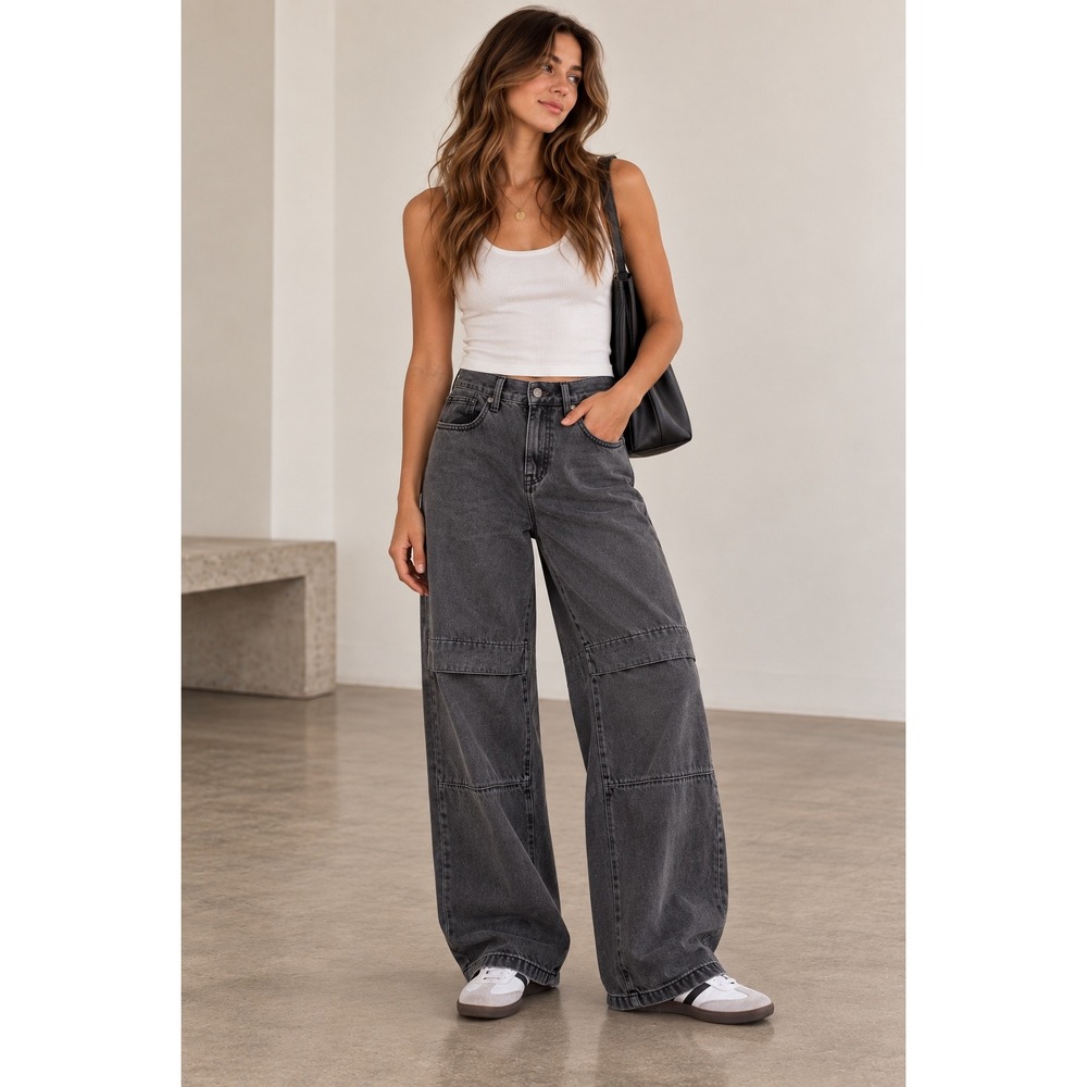 Madewell Super Wide Leg Cargo Jeans Lunar Wash Washed Black High Rise Denim 23